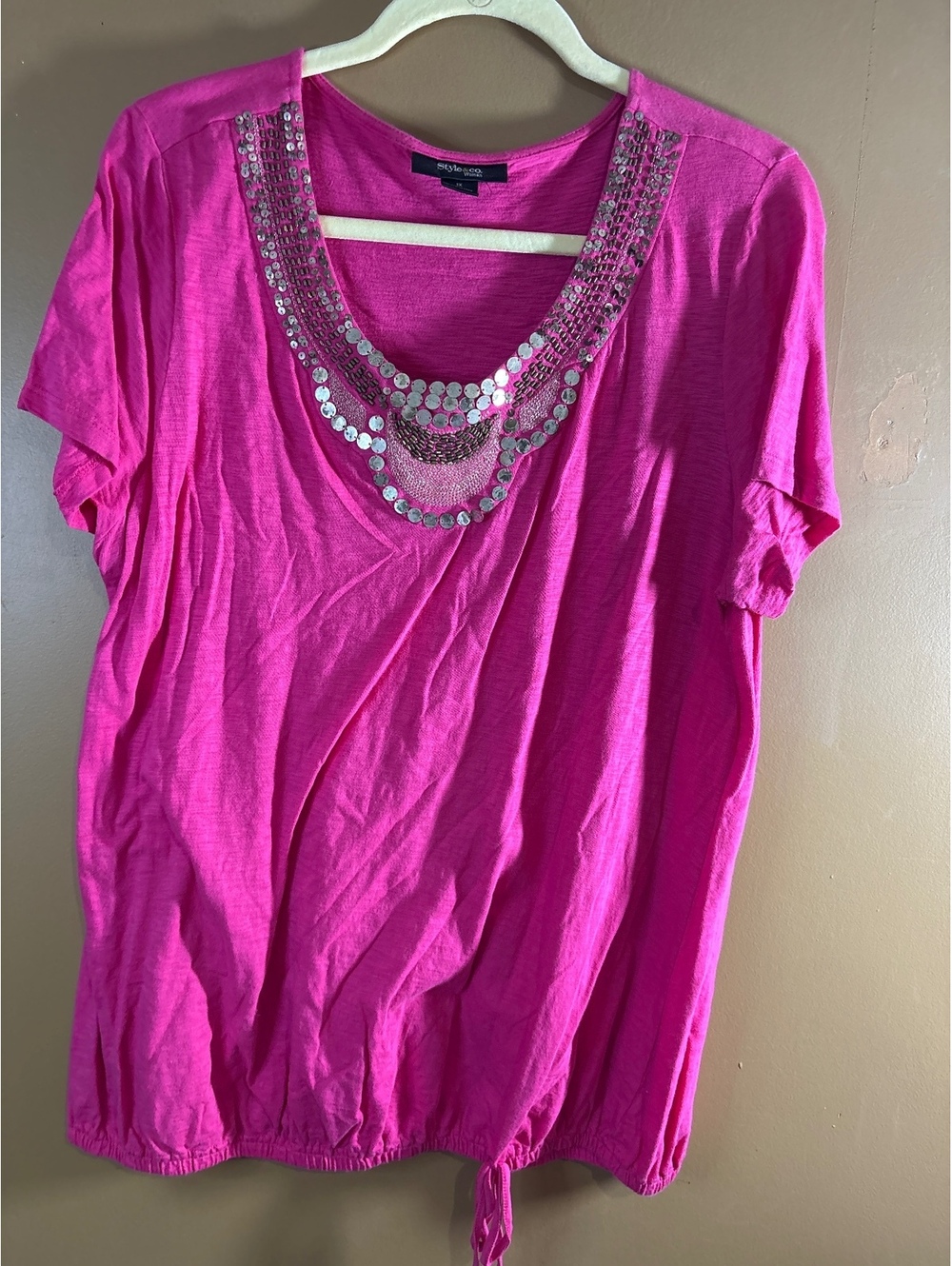 HC1288. Style & Co. Women's Pink Embellished Short Sleeve Blouse 1X